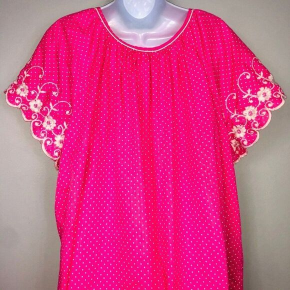 Vintage 80s Womens Housecoat Robe 2XL Pink White Polka Dot Short Sleeve - Picture 5 of 8